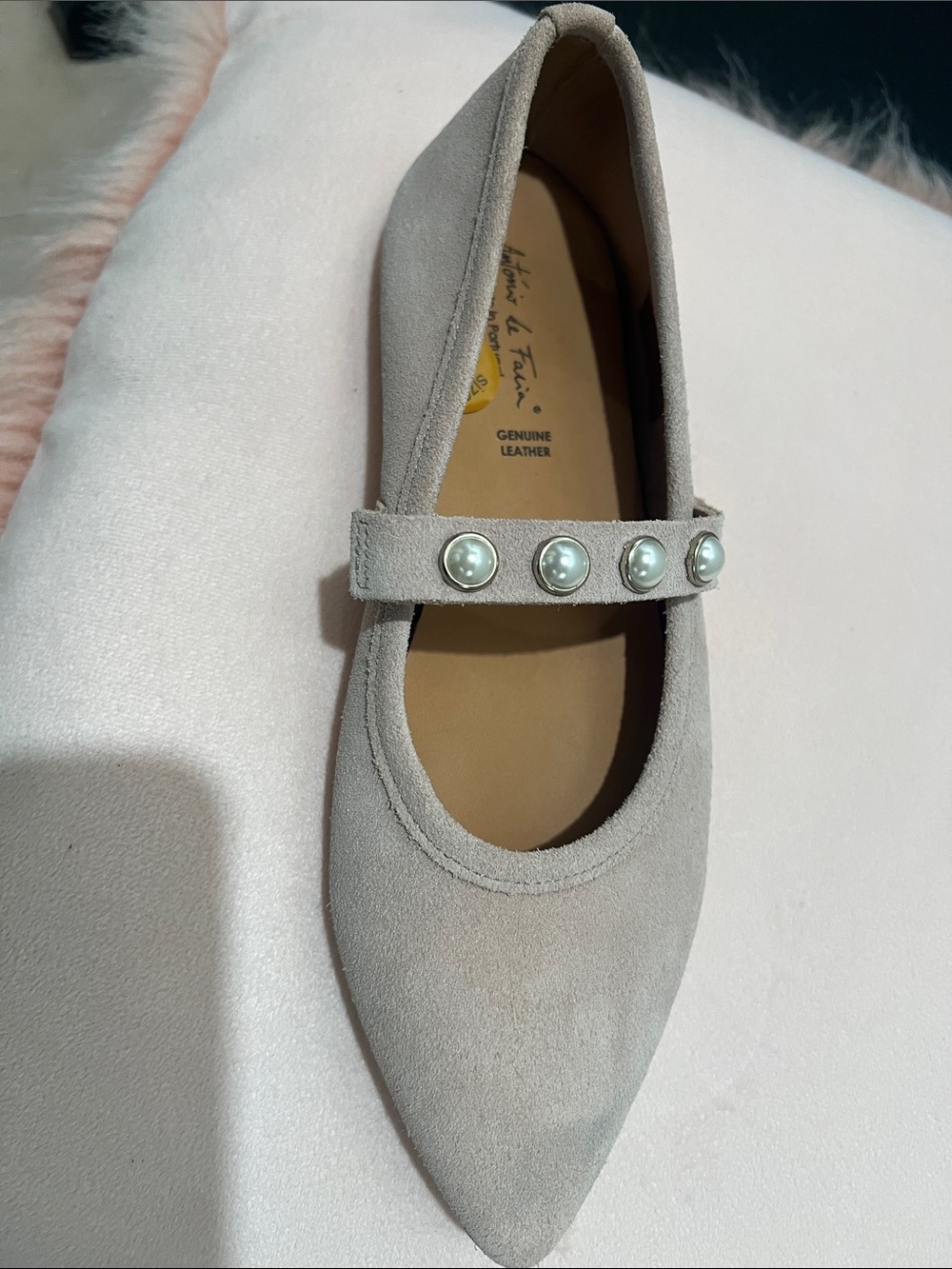 Pearl-Trim Suede Mary Jane Flats in Light Taupe. Antonio de Féria . Genuine lea.